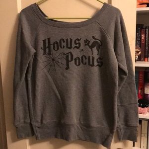 “Hocus Pocus” off the shoulder gray sweater